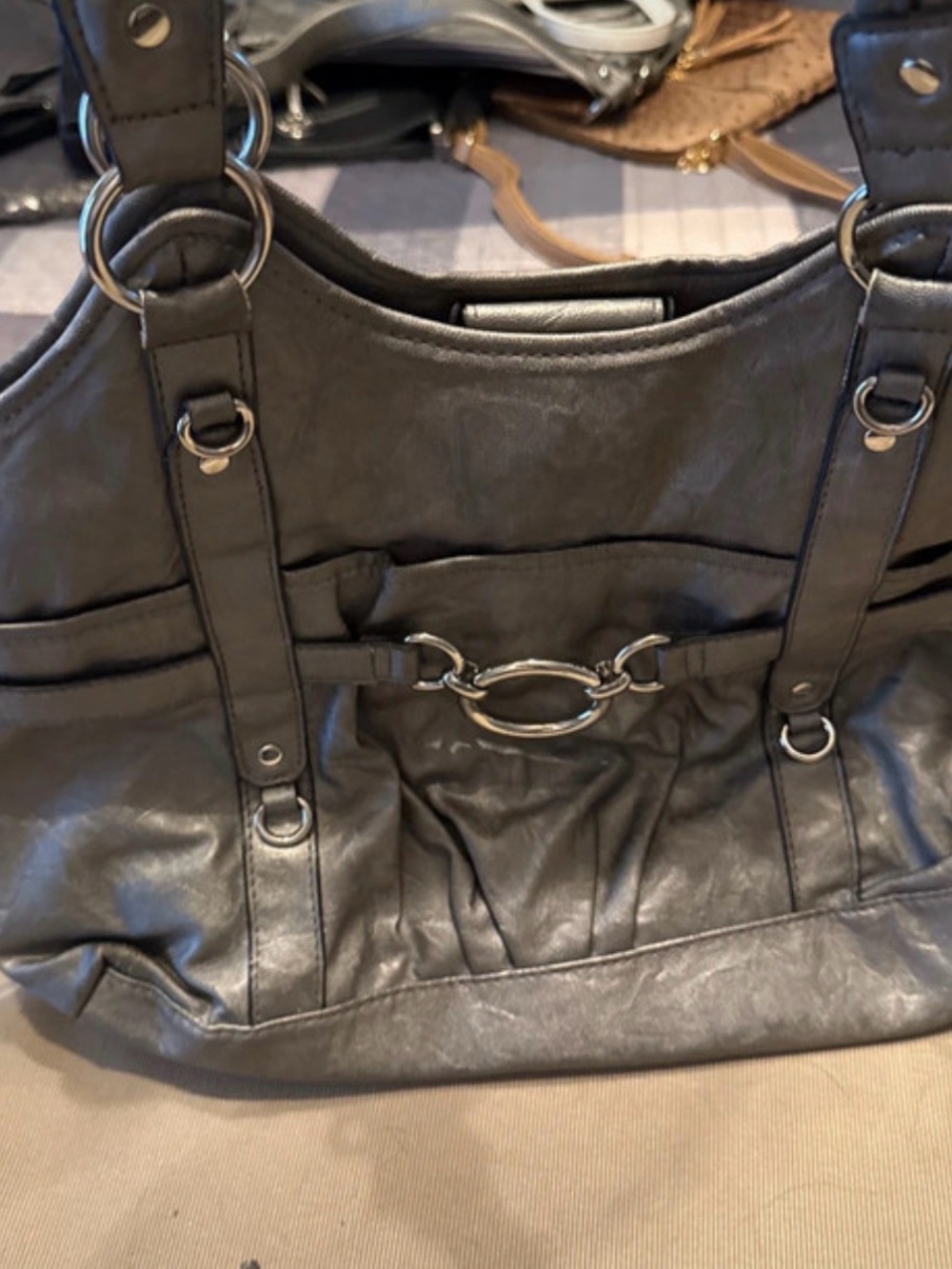 Classic Silver Leather Tote Bag with Silver Hardware and Rope straps